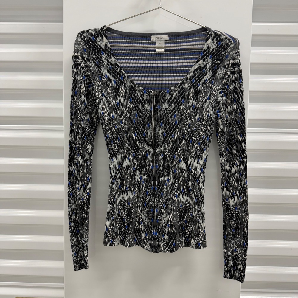 Cache Womens Y2K Snakeskin Striped Ribbed Knit Zip Up Cardigan Gray Blue Large - Picture 4 of 4